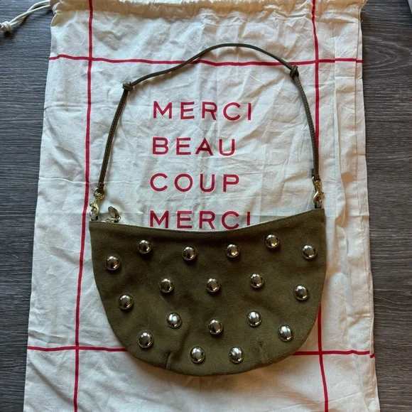 CLARE V Vivier Lune Shoulder Bag Oat Suede with Studs Studded Handbag - Picture 1 of 4